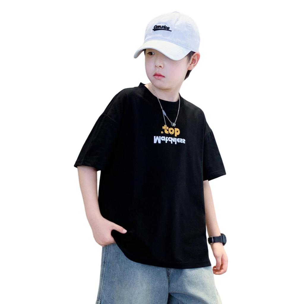 Boys' Trendy Cool Hat Print Short Sleeve Loose Top for Summer 2026 - Medium & Large Sizes