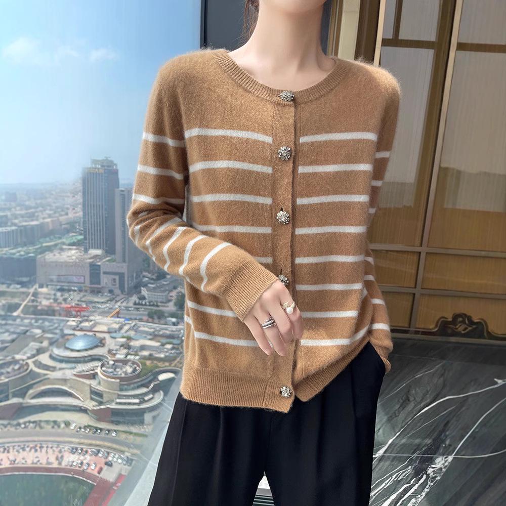 Women's Autumn Winter Cashmere Stripe Knit Cardigan - Round Neck, Versatile Loose Sweater