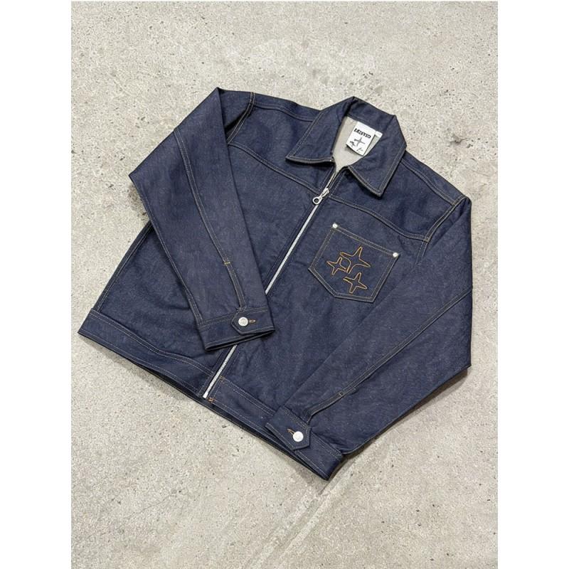 Mens Retro Washed Denim Set Long Sleeve Zip-Up Jacket Straight Leg Jeans Casual Outfit