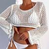 Европейский и американский женский пуловер с длинным рукавом, круглым вырезом и ажурной вязкой, пляжная накидка