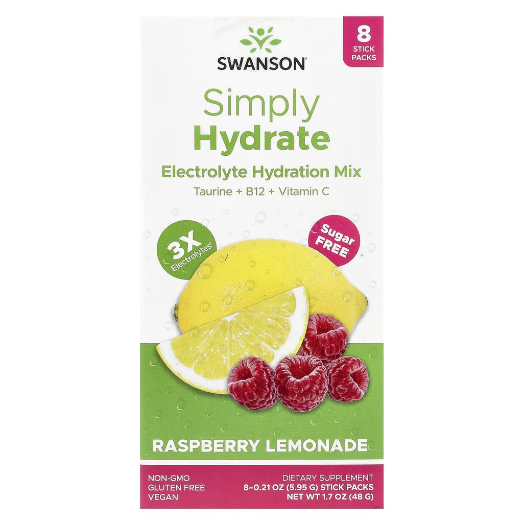 Simply Hydrate, Electrolyte Hydration Mix, Raspberry Lemonade, 8 Stick Packs, 5.95 G (0.21 Oz)