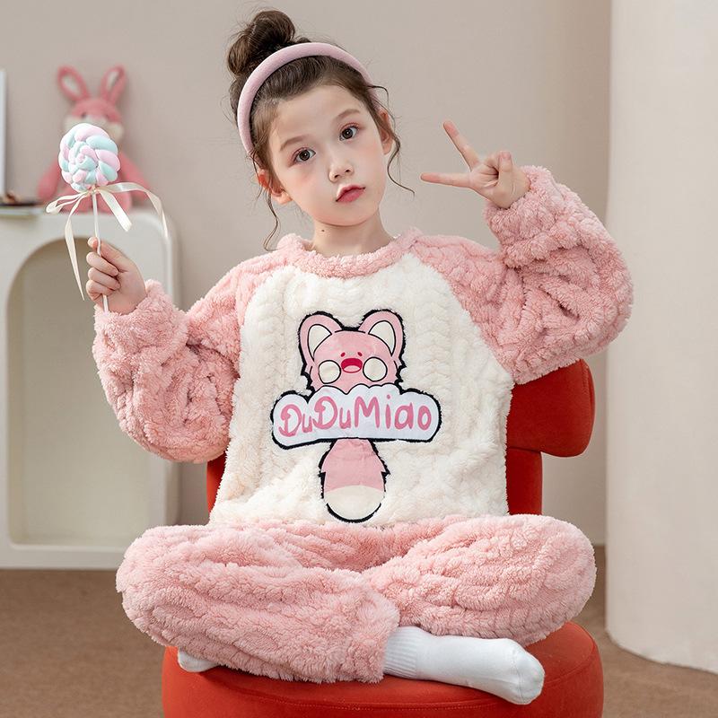 Kids Flannel Pajamas Set Boys Girls Warm Long Sleeve Top And Pants Sleepwear Winter Home Nightwear