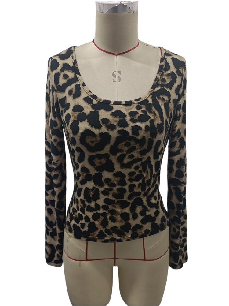 Весна Мисс. Леопардовый принт Большой круглый вырез Длинный рукав Приталенный Топы Футболка Женщины Универсальный Основной элемент гардероба Модные вещи Рубашка