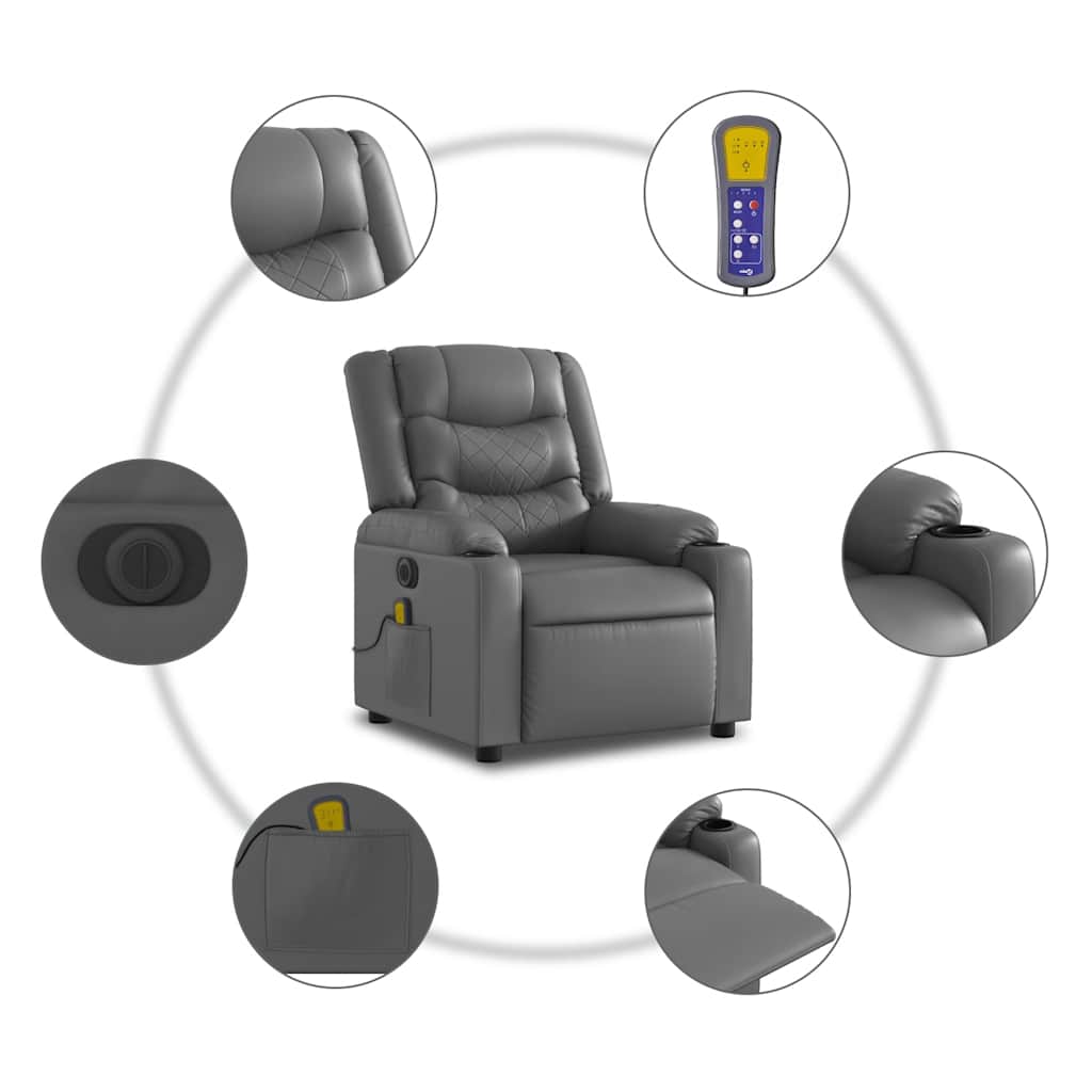 Vidaxl Rozkładany Fotel Masujący, Elektryczny, Szary, Sztuczna Skóra