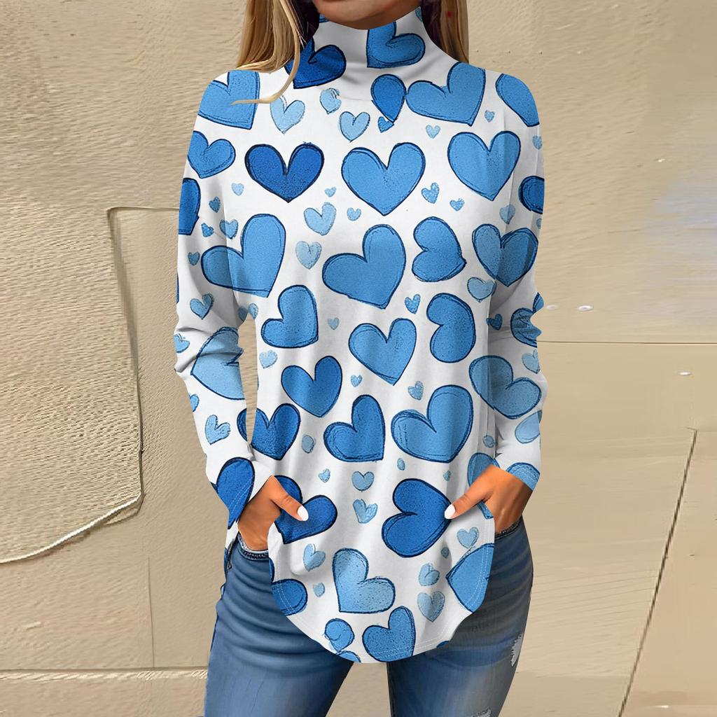 Футболки для женщин, осенние повседневные рубашки с длинным рукавом, толстовка с принтом, топ с высоким воротом, пуловер