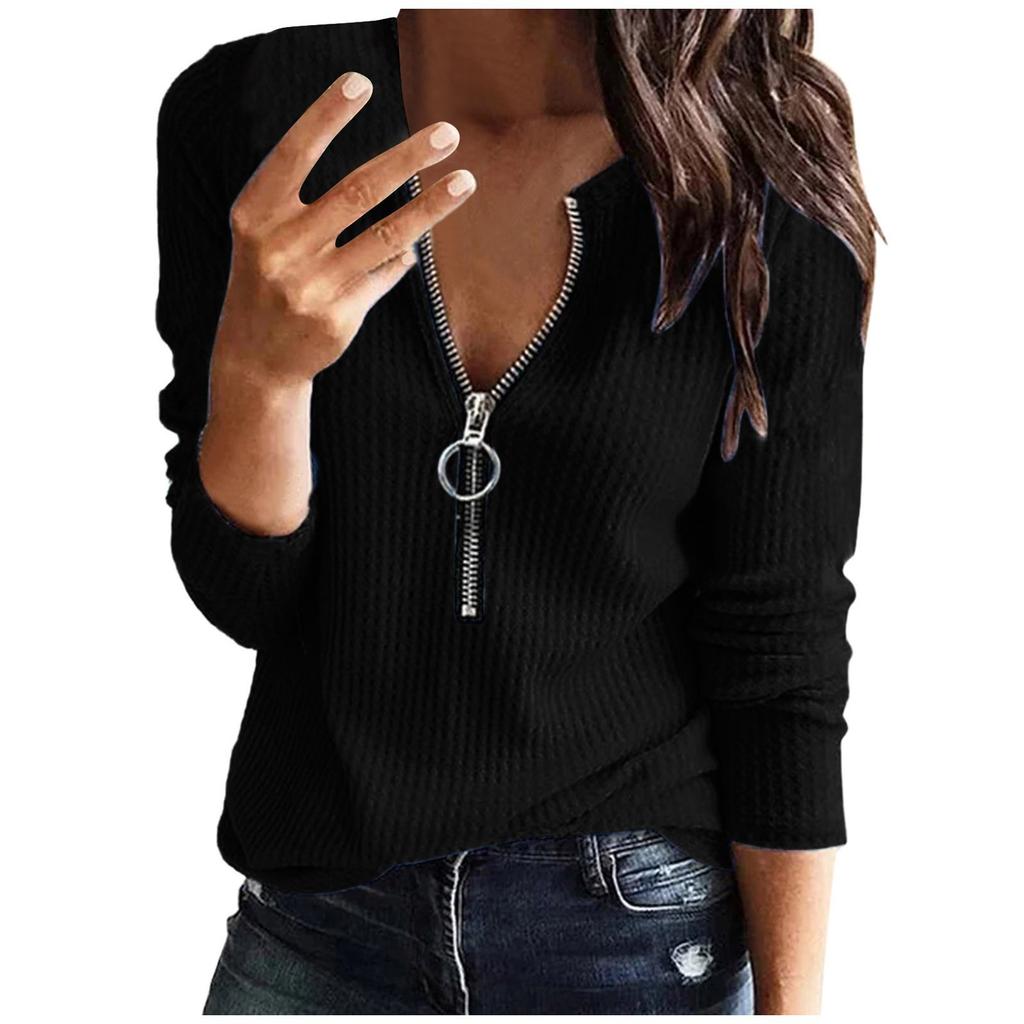 Autumn and Winter Urban Atmosphere Quality Waffle Style Pullover Zipper Round Neck Loose Women's T-shirts