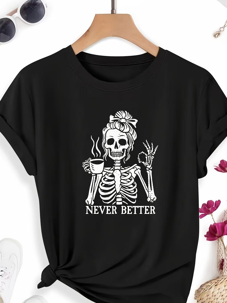 Wo's Vintage Skull Coffee Art TShirt NEVER BETTER Print Short Sleeve Top with SemiSheer Fabric Round