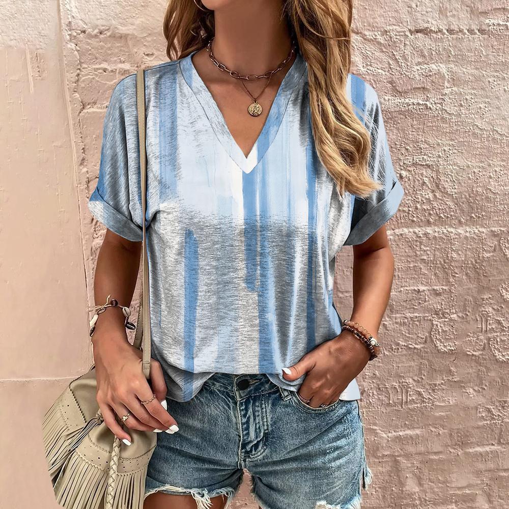 Летняя женская футболка с полосатым принтом, футболка в стиле тай-дай с коротким рукавом, женская одежда, V-образный вырез, свободная блузка, женские футболки