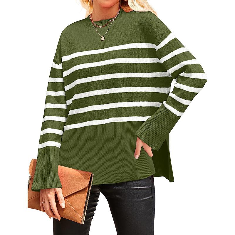 Women's knitted sweater 2025 autumn and winter new products European and American cross-border casual stripes loose crew neck pullover sweater