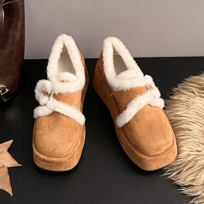 Меховые мокасины на плоской подошве, женские туфли на платформе из замши с квадратным носком, плюшевые хлопковые туфли, брендовые зимние теплые туфли на высоком каблуке, тренд 2025 года, Zapatos Mujer