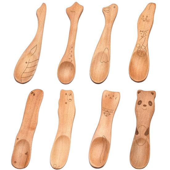 Жаропрочная пищевая деревянная ложка с короткой ручкой, маленькая ложка для меда в форме мультяшного животного, кухонные инструменты