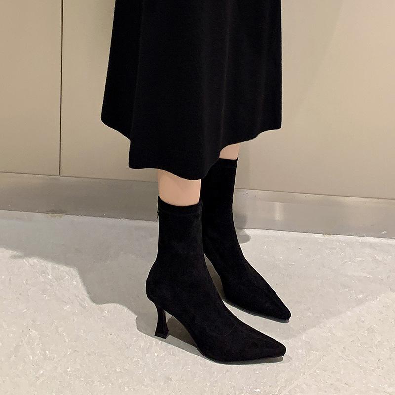 Короткие заостренные сапоги женские 2024 новые кофейные сапоги на высоком каблуке эластичные носки сапоги осень и зима бархатные голые сапоги тонкие каблуки тонкие сапоги