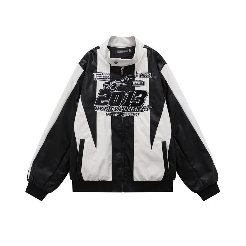 Unisex Streetwear Biker-Style Zip-Up Jacket Cotton Blend Oversized Casual Outerwear Men Women