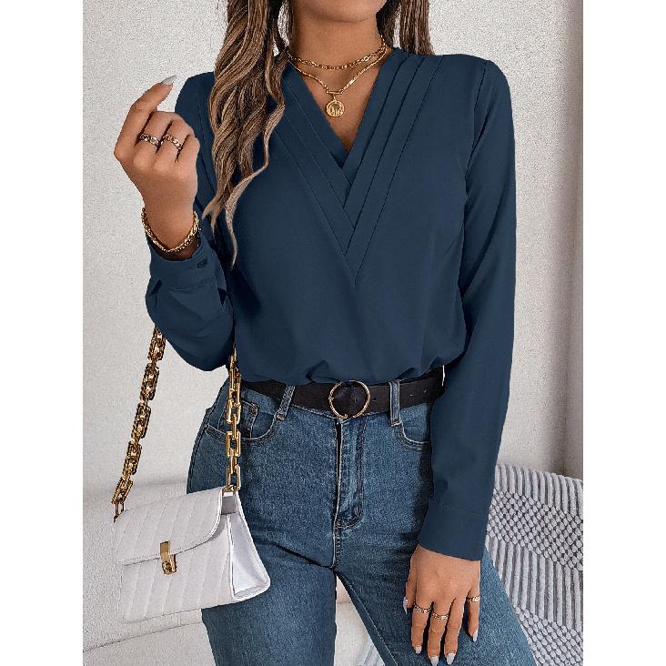 2026 Spring New Fashion Elegant Solid Color Layered V-Neck Long Sleeve Women's Casual Simple Shirt