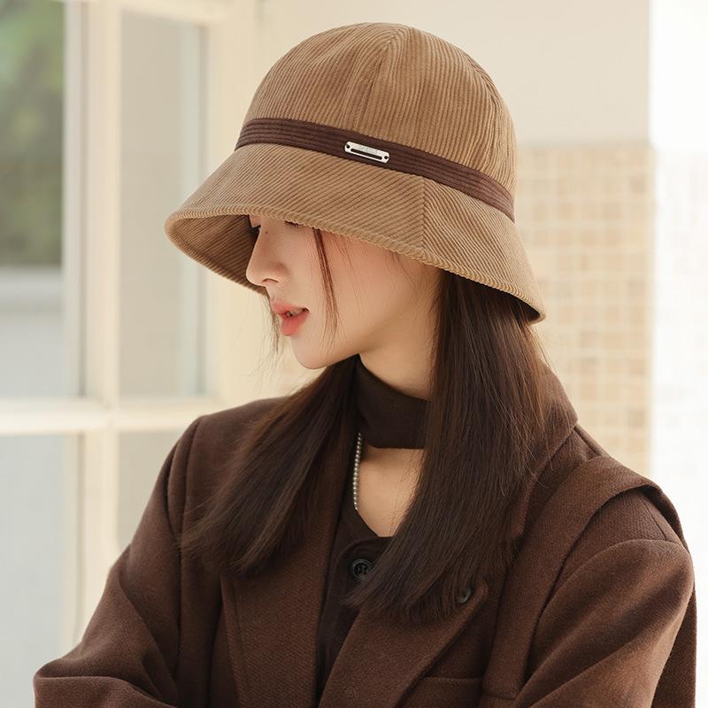 Autumn Hat Women's Large Brim Showing Face Bucket Hat High-end Corduroy Bucket Hat Versatile Basin Hat