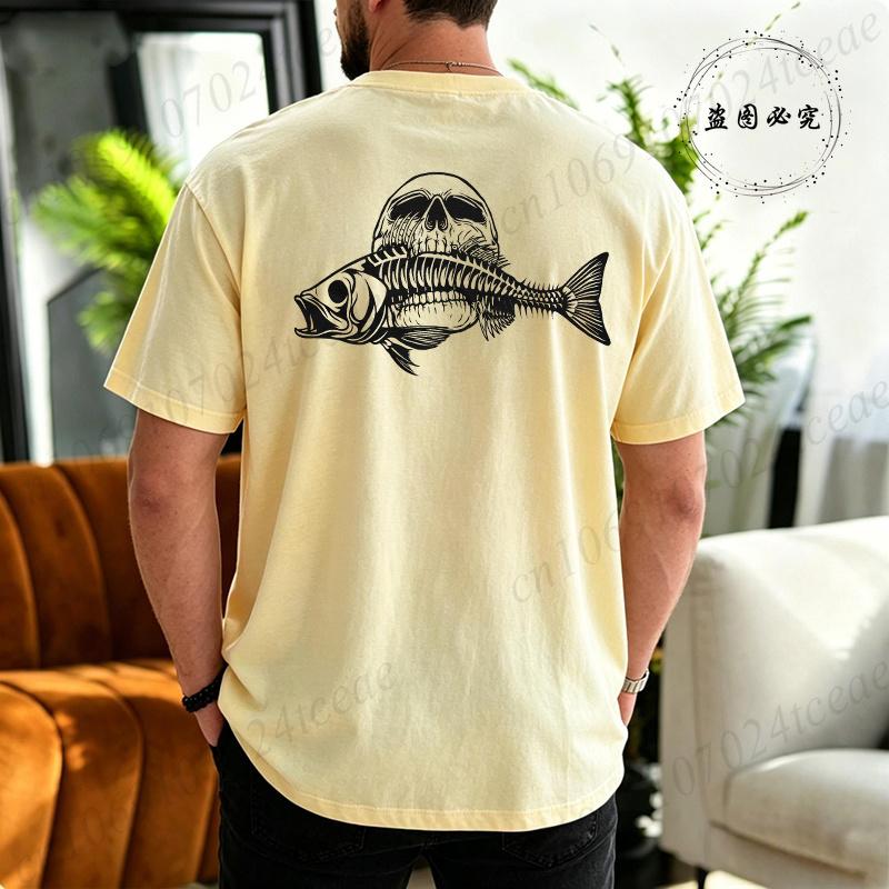 Skull Fish Skeleton Print T Shirt Unisex Oversized Short Sleeve Tee Vintage Fishing Graphic Outdoor Fisherunisex Casual Street Tops