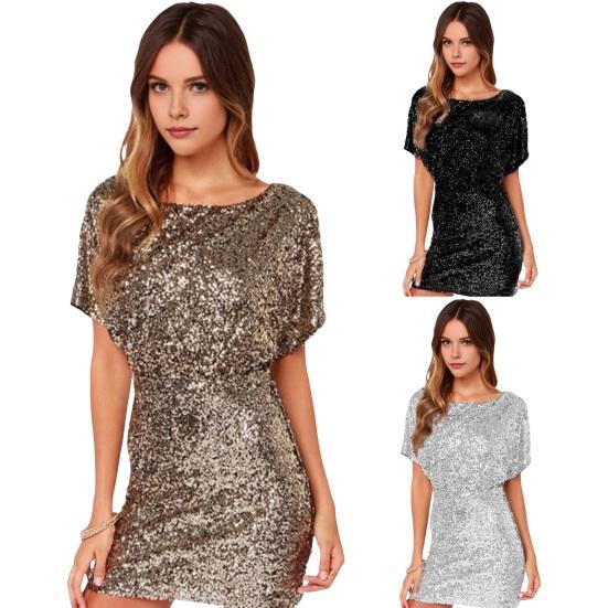 Women Mini Dress Round Neck Hollow Short Sleeve Backless Short Dress Glitter Sequins Hip Wrapped Party Dress