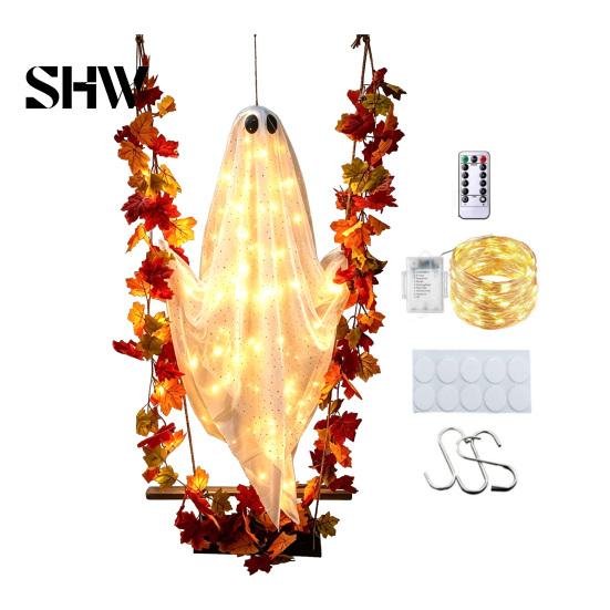 Mysterious Holiday Window Decorations Swinging Ghost Outdoor Decor, Large Halloween Hanging with Maple Leaf Spooky Tree Ornaments Vine Lights