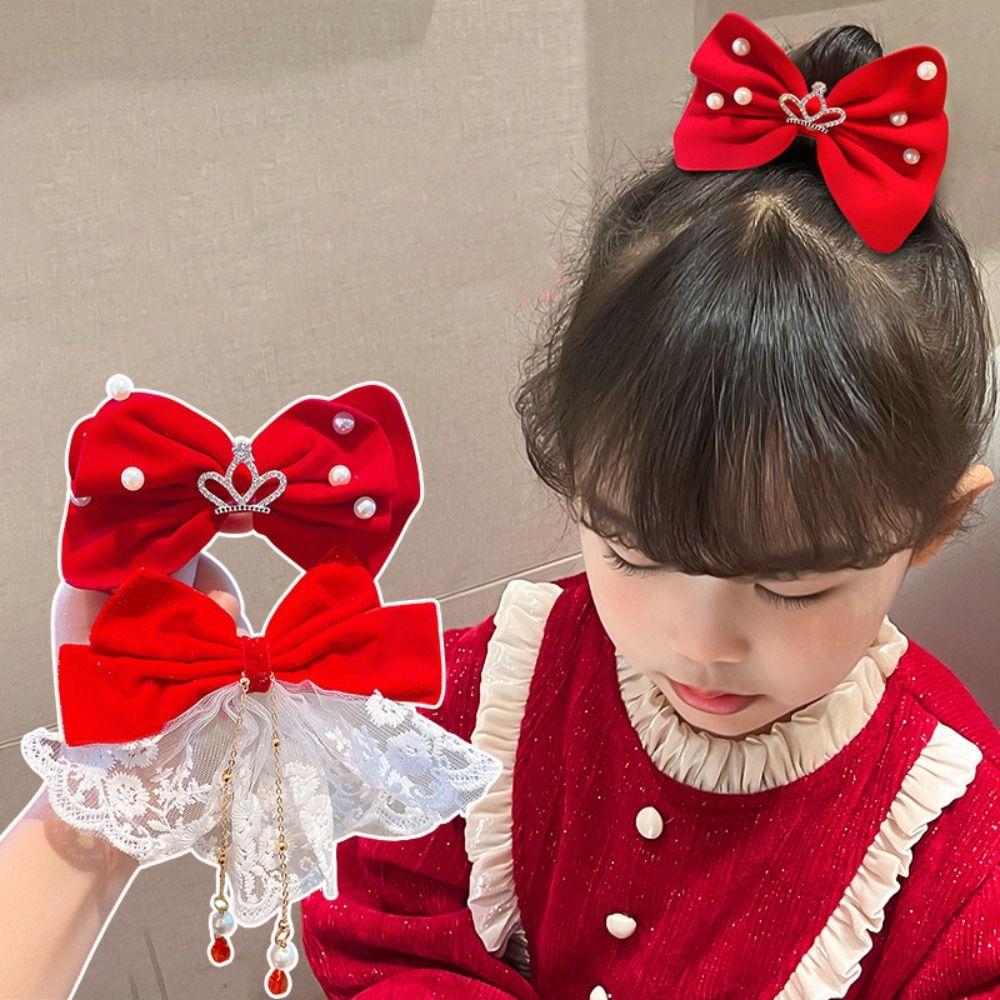 Crown Velvet Red Bow Hairpin Cloth Hanfu Hair Sticks All-match Ancient Style Hairpin  Children