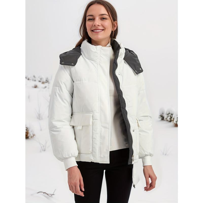 Women Autumn Winter Hooded Padded Warm Color Block Short Cotton Coat