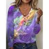 Spring and Autumn Women's Blouse V Collar Star Tie-dye Pearl Buttons Long Sleeve T-shirt