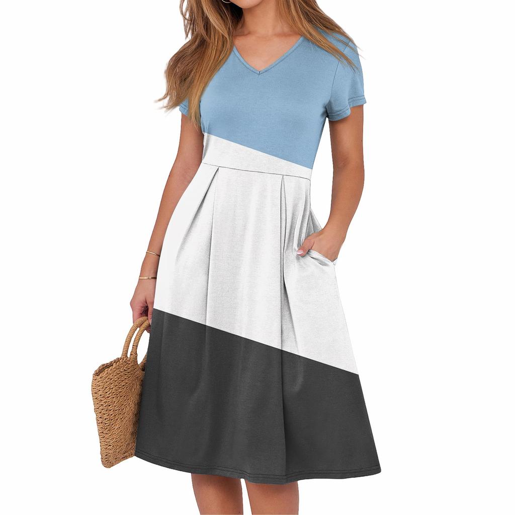 Женское летнее повседневное платье с принтом, V-образным вырезом, короткими рукавами и карманами