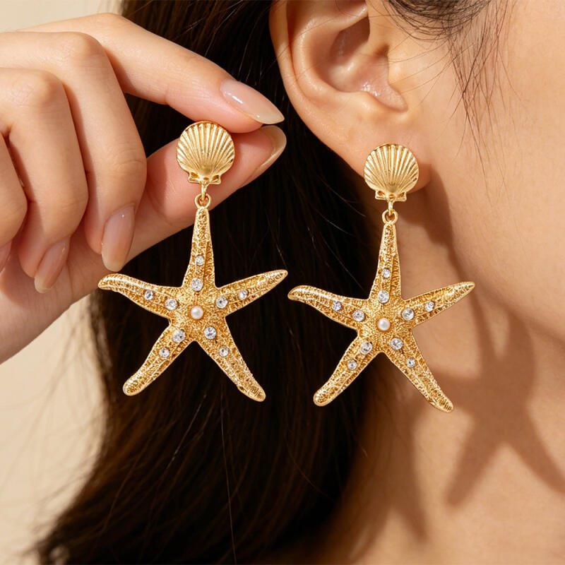 Exaggerated Texture Large Star Shell Drop Earrings for Women Ladies Bohemian Vacation Style Dangle Earrings Jewelry Accessories