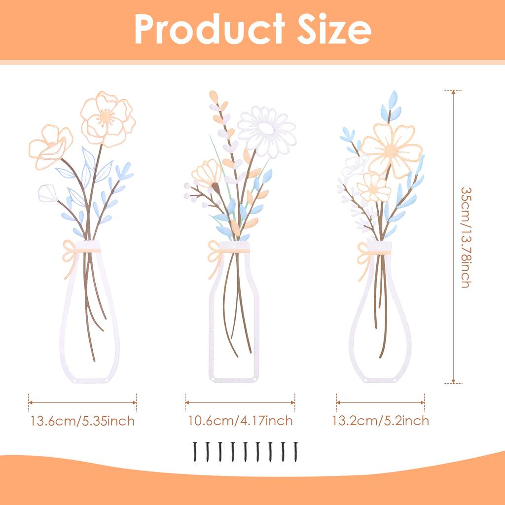 3Pcs Metal Flowers Wall Art Exquisite Metal Vase Wall Decor Floral Ornaments Rustic Farmhouse Decor for Living Room Bathroom