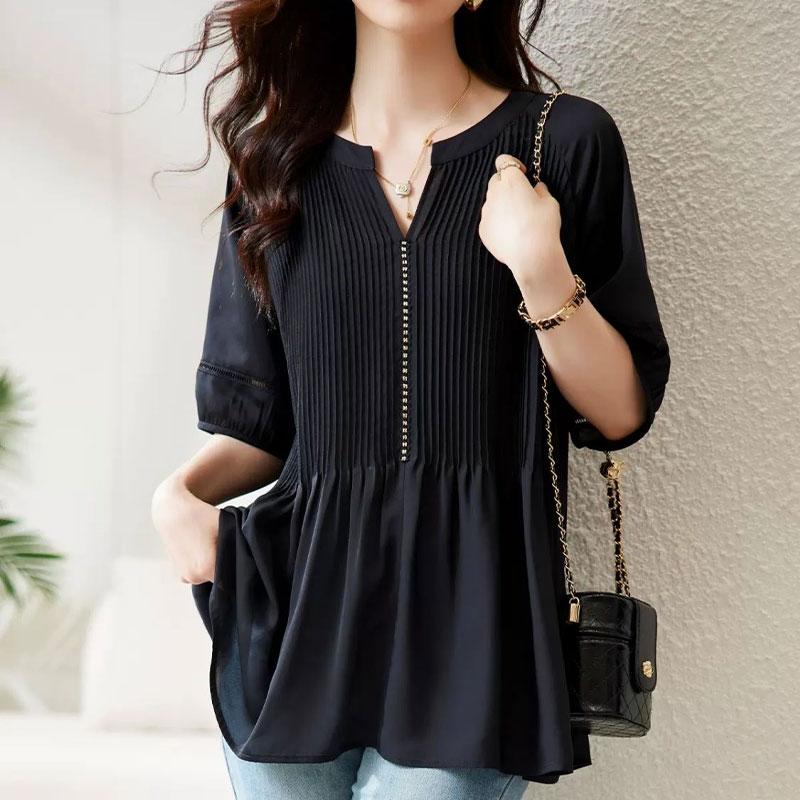 Стильная плиссированная блузка с контрастными вставками, женская одежда, однотонная, повседневная, с коротким рукавом, летняя, с вырезами, элегантная рубашка с V-образным вырезом