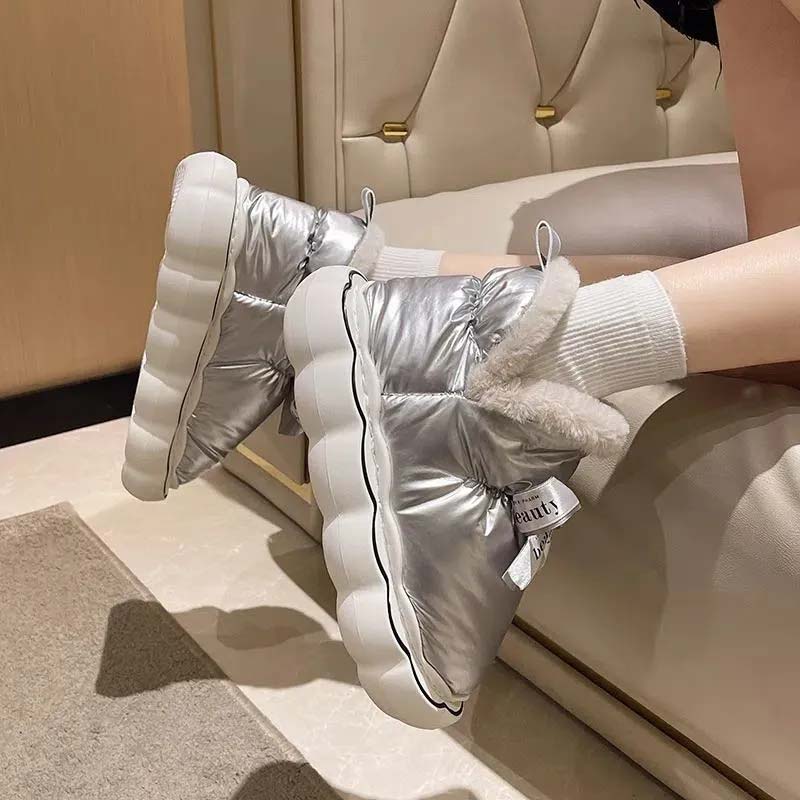 Thickened Cotton Boots Waterproof Thick Soled Anti-skid Ladies' Cute Cotton Shoes Winter Warm Down Lightweight and Comfortable