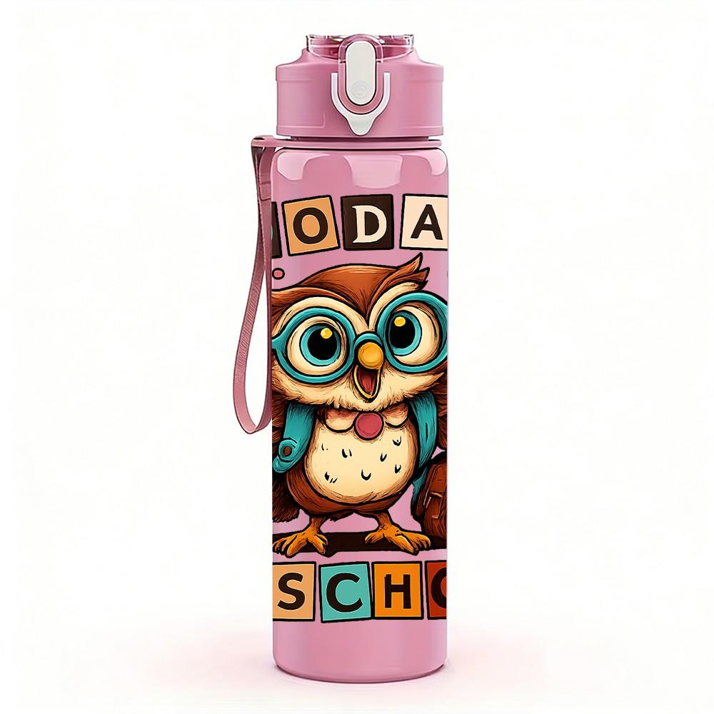 1PC Back To School Owl Text Print 750ml Color Plastic Sports Water Bottle Leakproof Flip Straw Lid Suitable for Sports Office Home Use