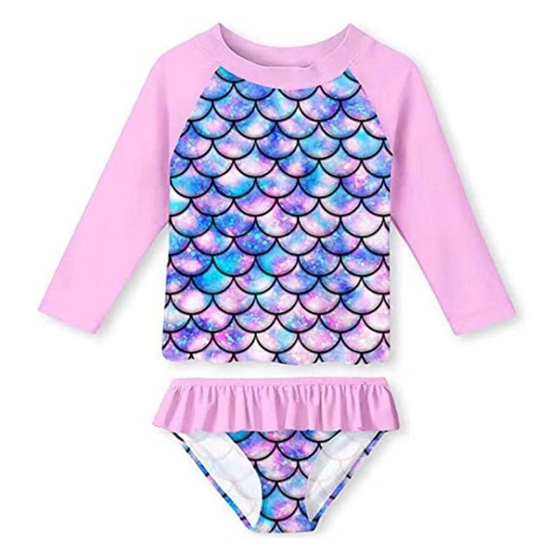 Girls' Two-Piece Split Swimsuit Sweet Long Sleeve Cartoon Fish Scale Print Pullover With Ruffle Briefs Swimwear Set Beach Wear