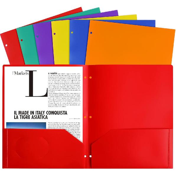 Feosky Folders with Pockets, 6 Assorted Colors Plastic Two Pocket Folders, File Folder, 2 Pockets Folder and 3 Hole for School, Home, and Office