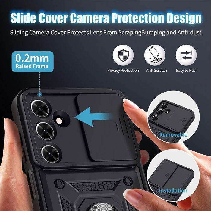 Coque pour Samsung Galaxy S24 - BOOLING - Protection avec Anneau et Cache Caméra Coulissant - Noir - 2 Verres Trempés