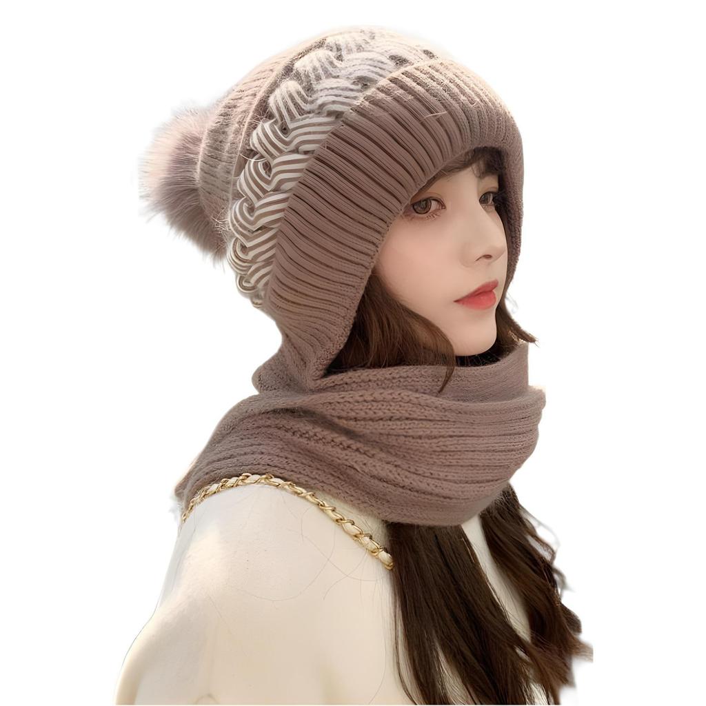 Женская теплая зимняя шапка-шарф из меха кролика с вязаными велосипедными наушниками и бархатной шапкой на шее