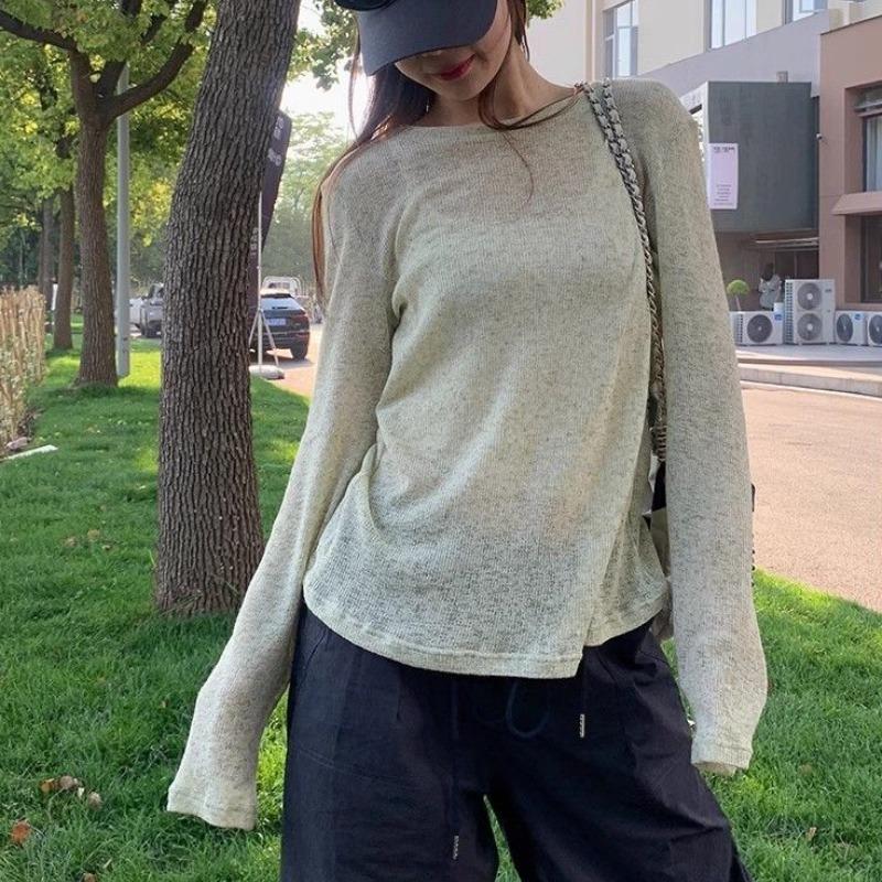 Тонкий свободный солнцезащитный чехол для кондиционера Lazy Niche на весну и осень, утягивающая футболка с круглым вырезом, трикотажный топ с длинными рукавами