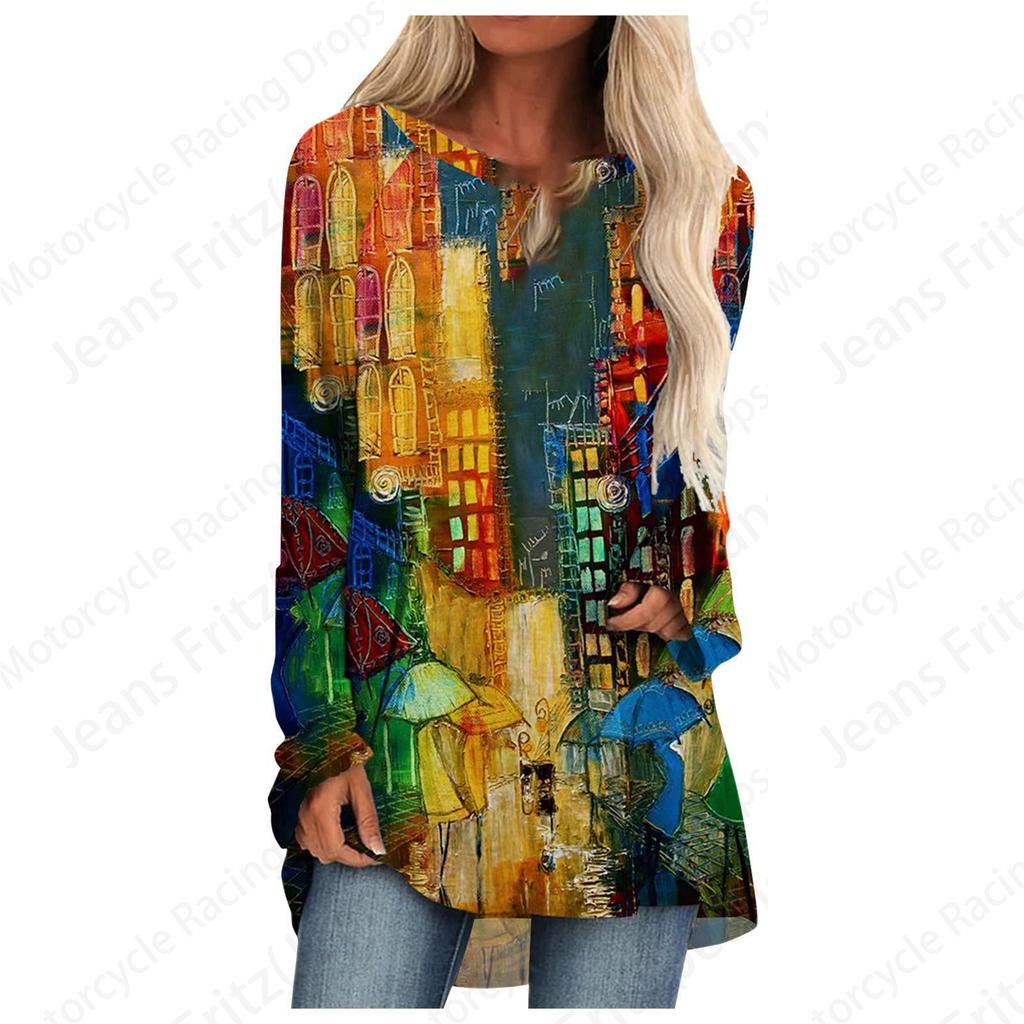 Винтажный лоскутный 3D-принт футболки с длинным рукавом Женская мода свободные оверсайз топы футболки длинные топы женские туники осень