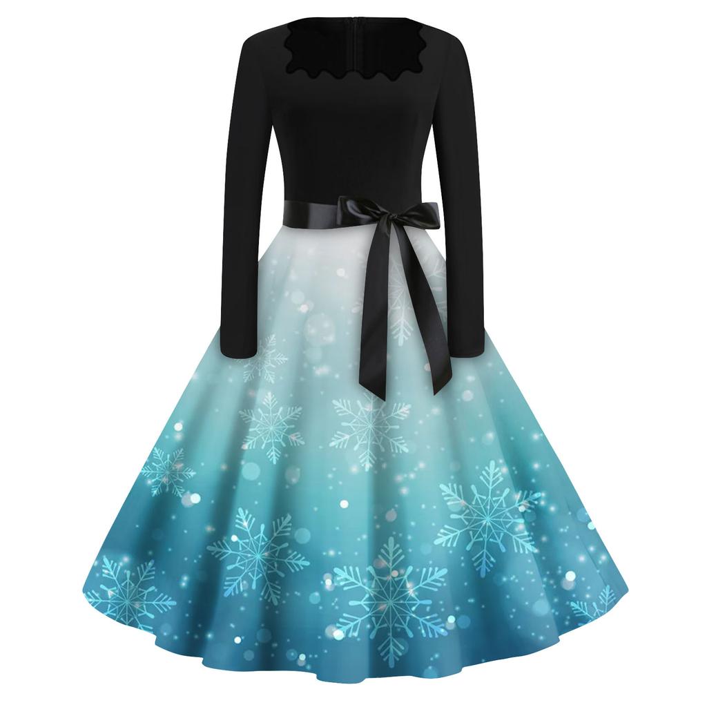 Women's Fashion Square Neck Casual Slim Christmas Printed Long Sleeve Dresses