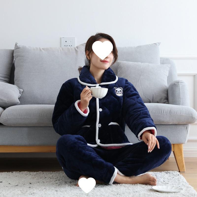 Пижама женская трехслойная утолщенная и милая зимняя можно носить больших размеров теплая стеганая домашняя одежда