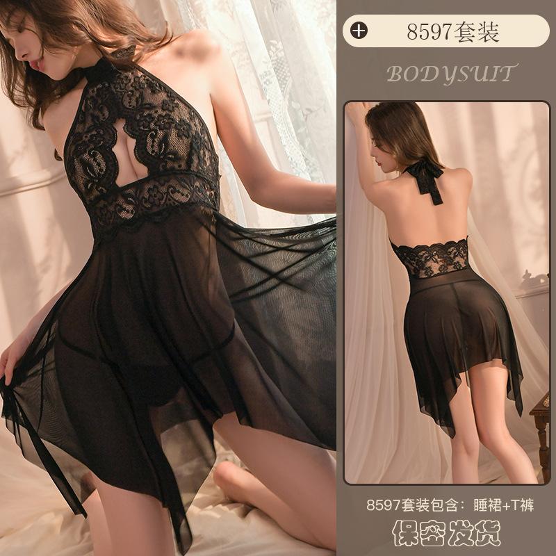 Yiyue Erotic Underwear, sexy halter lace-up, seductive nightdress, Hot see-through mesh uniform wholesale 8597