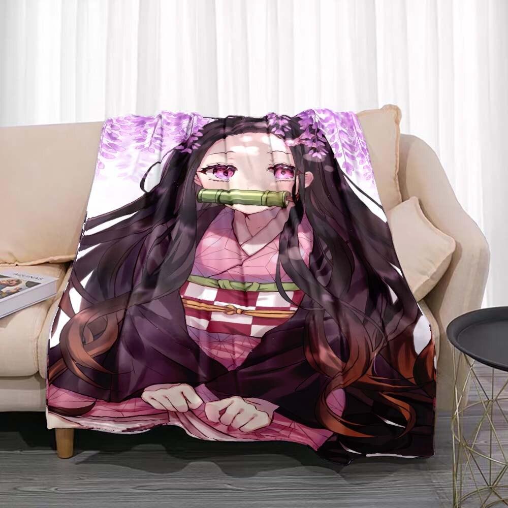 Demon Slayer Flannel Throw Blanket Anime Cartoon Smooth Soft Bedspread Warm Gamer Gift Living Room Sofa Home Bedroom Decor
