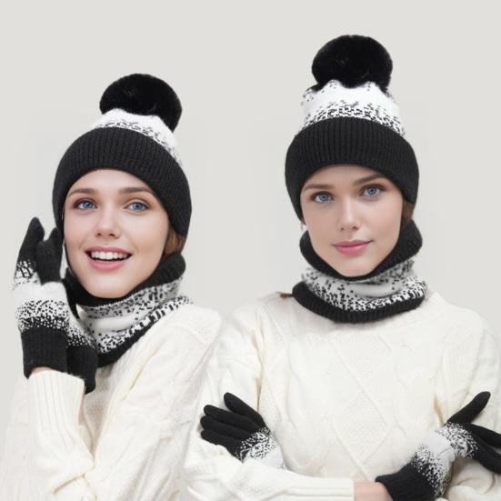 3Pcs/Set Winter Hat Scarf Gloves Set Plush Ball Decor Hat Thickened Plush Lining Neck Gaiter Touch Screen Gloves Set