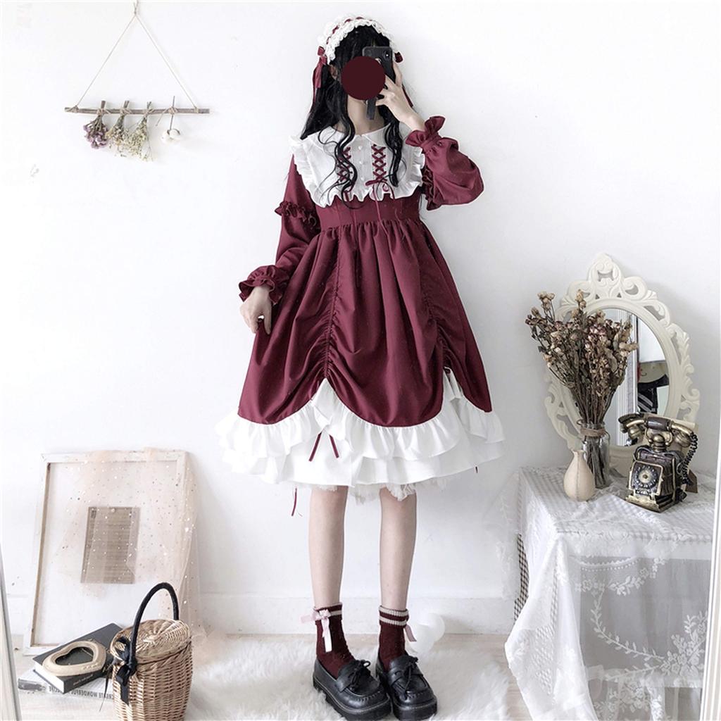 Lolita Long Sleeve Lolita Dress Cosplay Gothic Lolita Mori Girl Cute Girls Ruffles Lady Casual Wear Christmas Halloween Costume Lady Head Dress