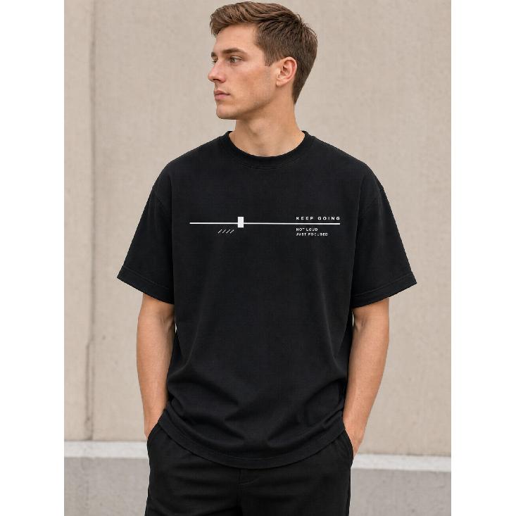 men's relaxed fit black cotton tee with short sleeves, crew neck, soft breathable fabric, minimalist white graphic print saying keep going not loud