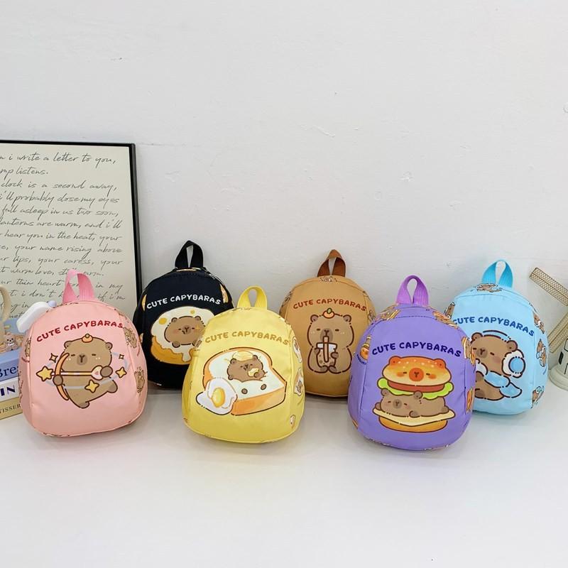 Capybara Drinking Milk Tea Burger Toast Cake Cartoon Pattern Kid Backpack For Preschool Boys And Girls