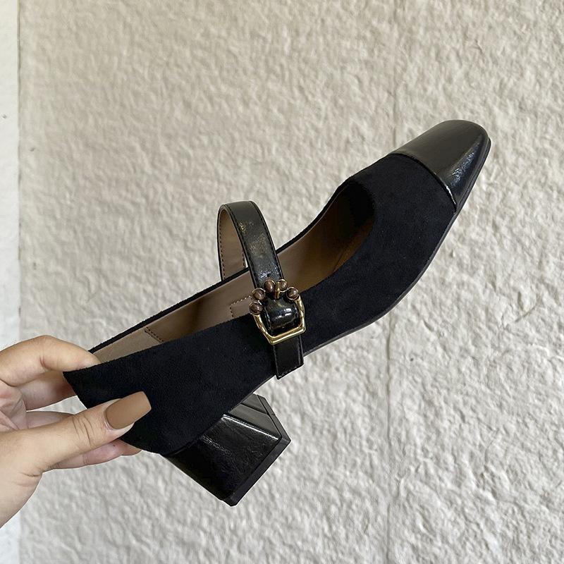 Cashmere splicing square head thick heel single shoes women's middle heel soft leather one-word buckle Mary Jane shoes spring and autumn