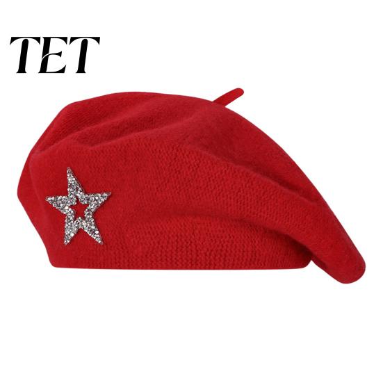 Vintage Inspired Beret Women Knitted Hat for Fall Winter, French Style Artist Soft Cap with Rhinestone Star, Stretchy Solid Color Knitting Star