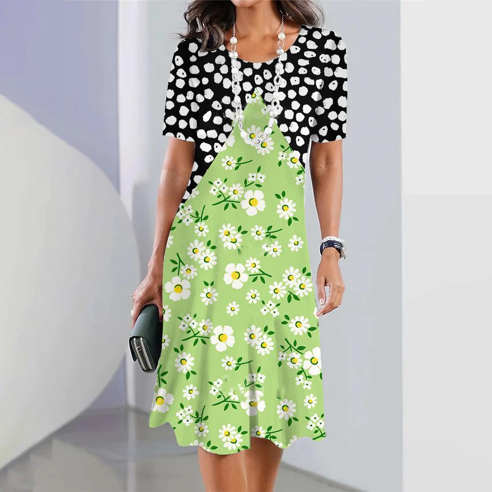 Женское модное платье с цветочным принтом, летнее ретро-платье с круглым вырезом, повседневное платье А-силуэта, свободное женское платье с коротким рукавом