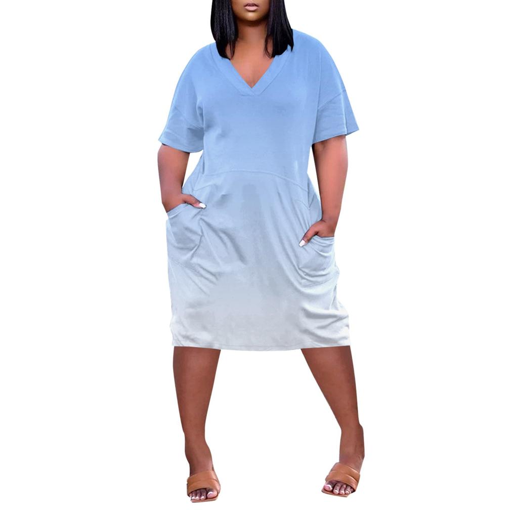 Лето плюс размер V-образным вырезом с коротким рукавом и карманом до колена с градиентным принтом повседневное платье для женщин