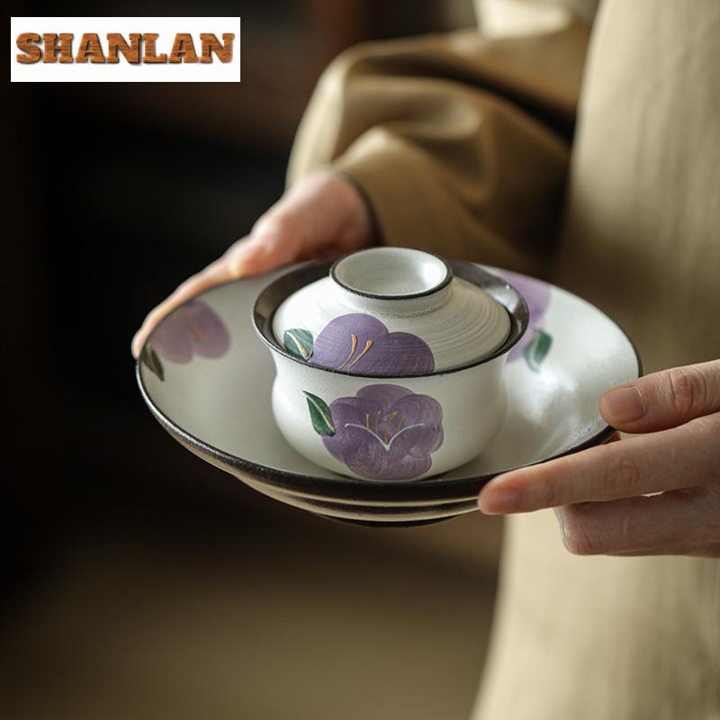 Powder Yin Hand-painted Camellia Pot Bearing Holder Teacup Support Dry Soaking Table Tea Tray Coasters Tea Ceremony Decoration